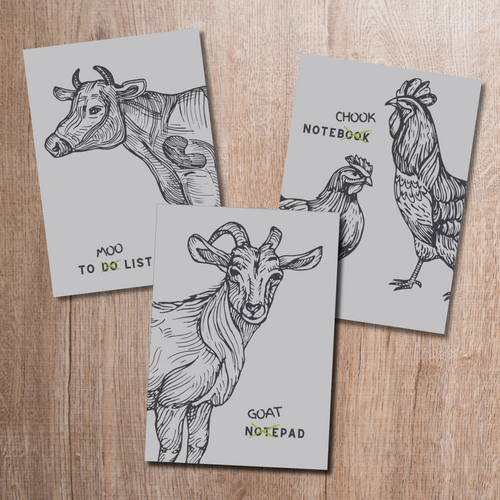 Grey Cow, Pig, Chicken Notebook Set (pack of 3)