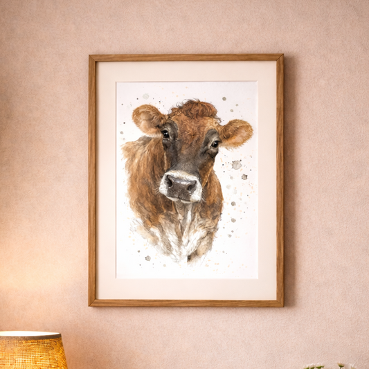Framed artwork of a cow's face on a beige wall