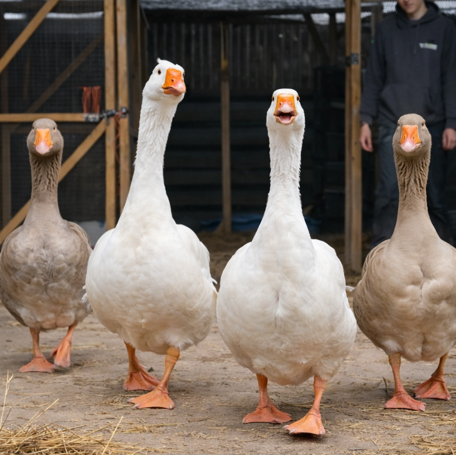 Four geese standing in an outdoor farm setting with wooden fencing and a person visible in the background.